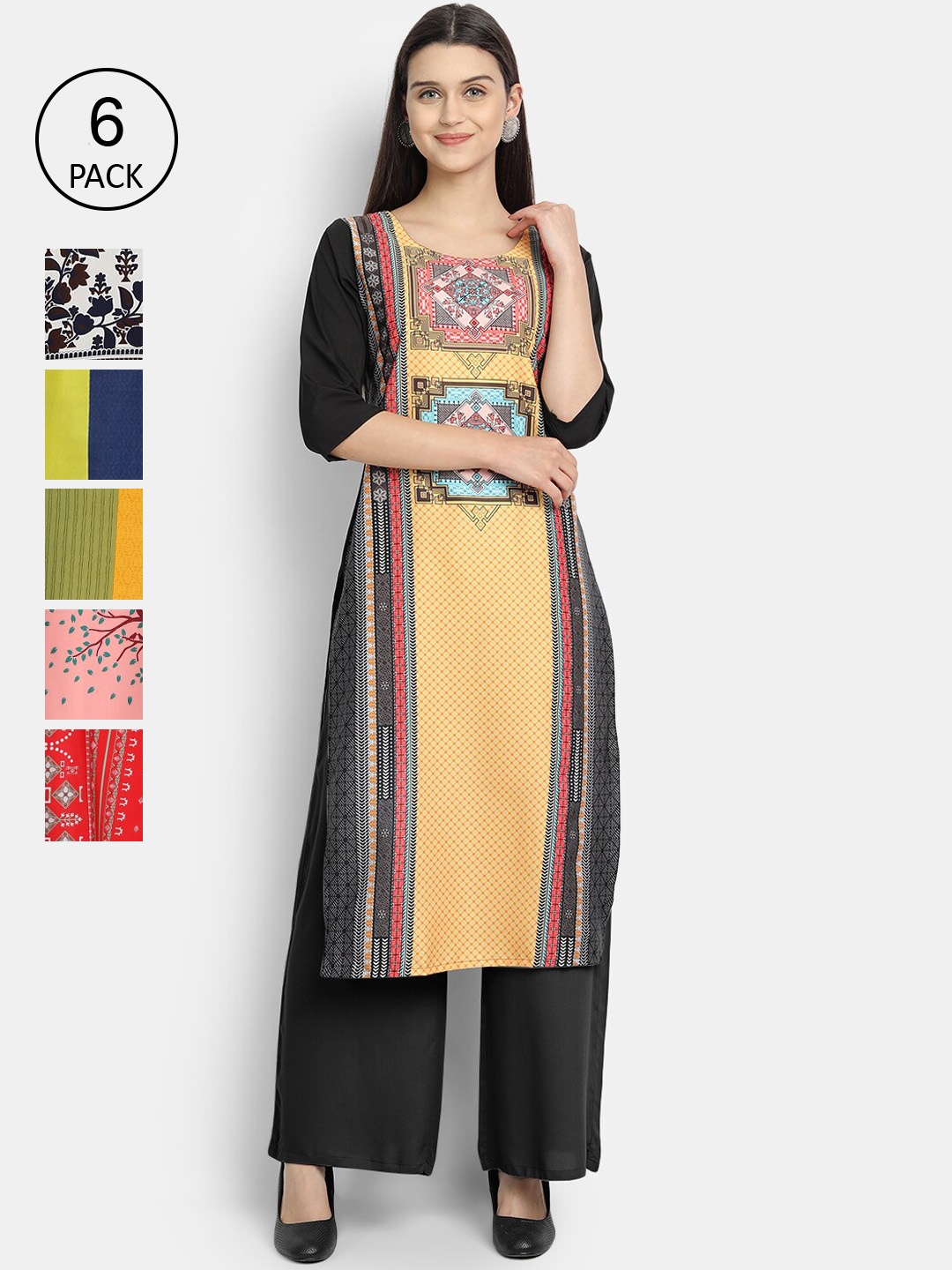 

Ethnic basket Women Pack Of 6 Digital Print Straight Kurtas, Multi