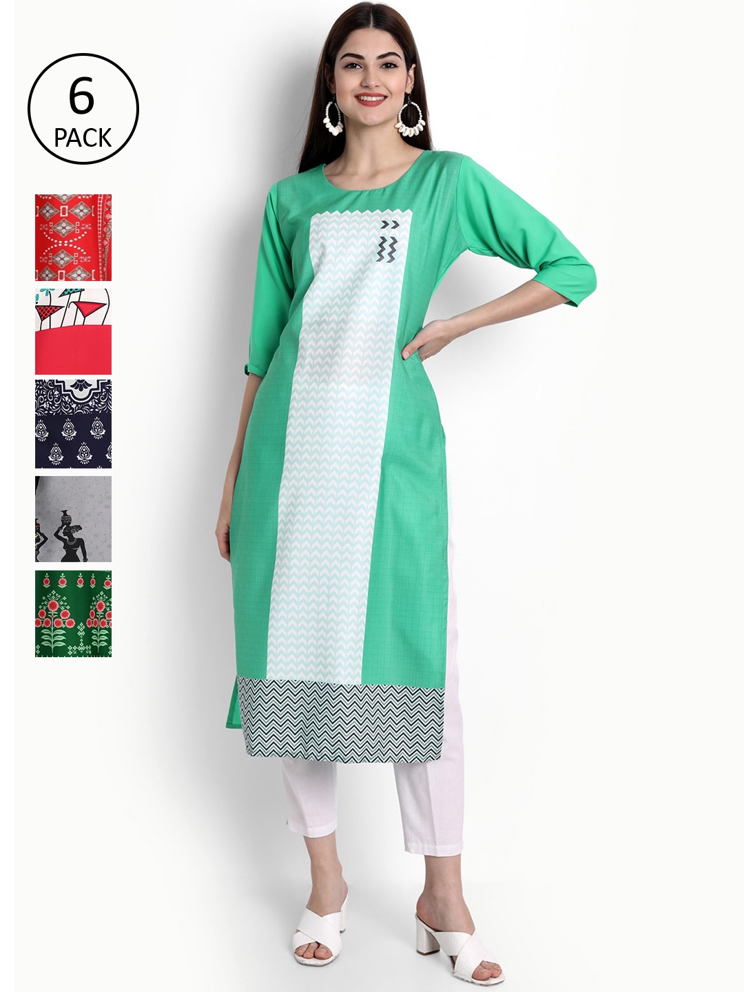 

Ethnic basket Women Pack of 6 Digital Printed Straight Kurtas, Green