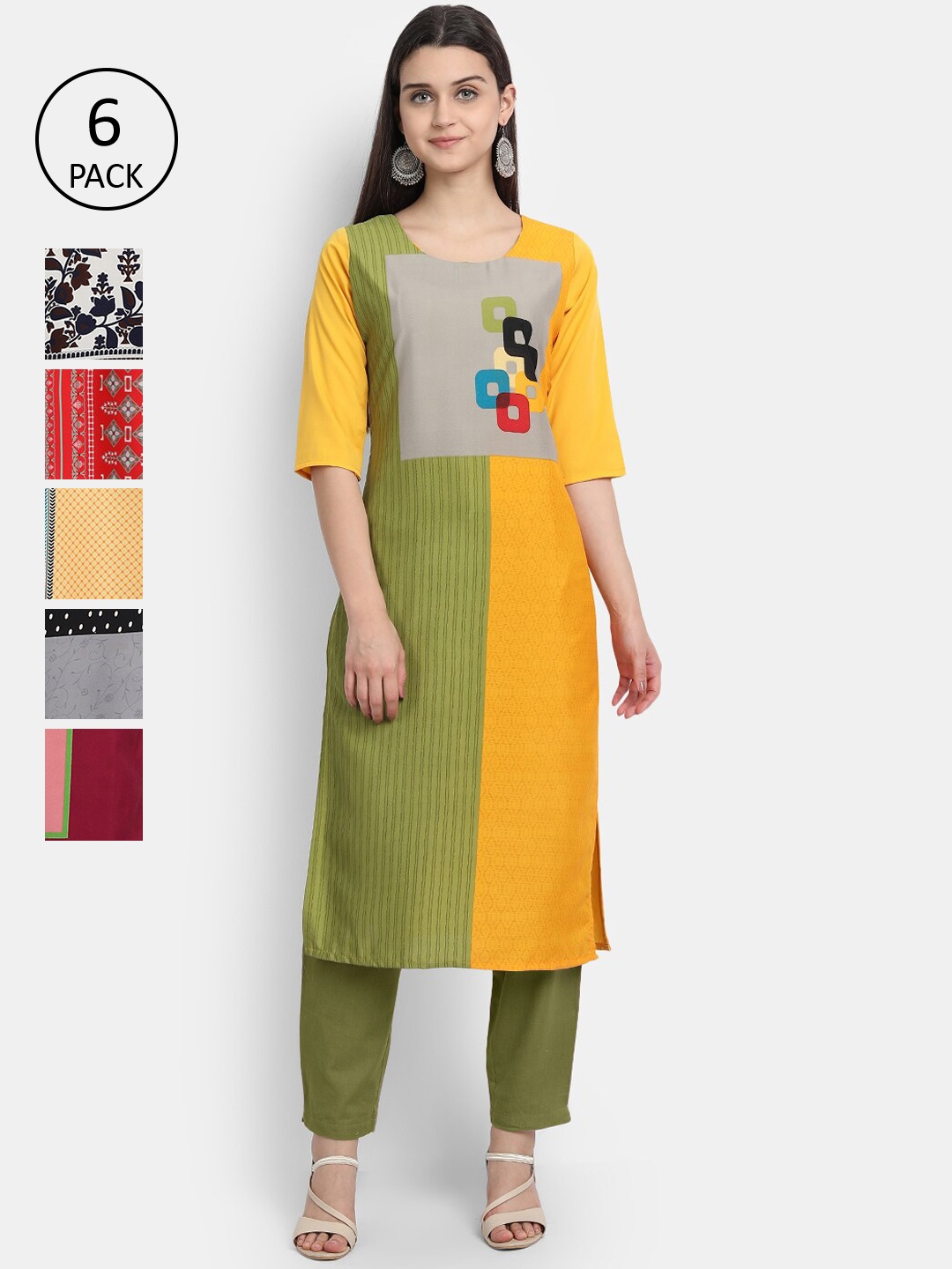 

Ethnic basket Women Multicoloured Pack Of 6 Ethnic Motifs Printed Kurta, Multi
