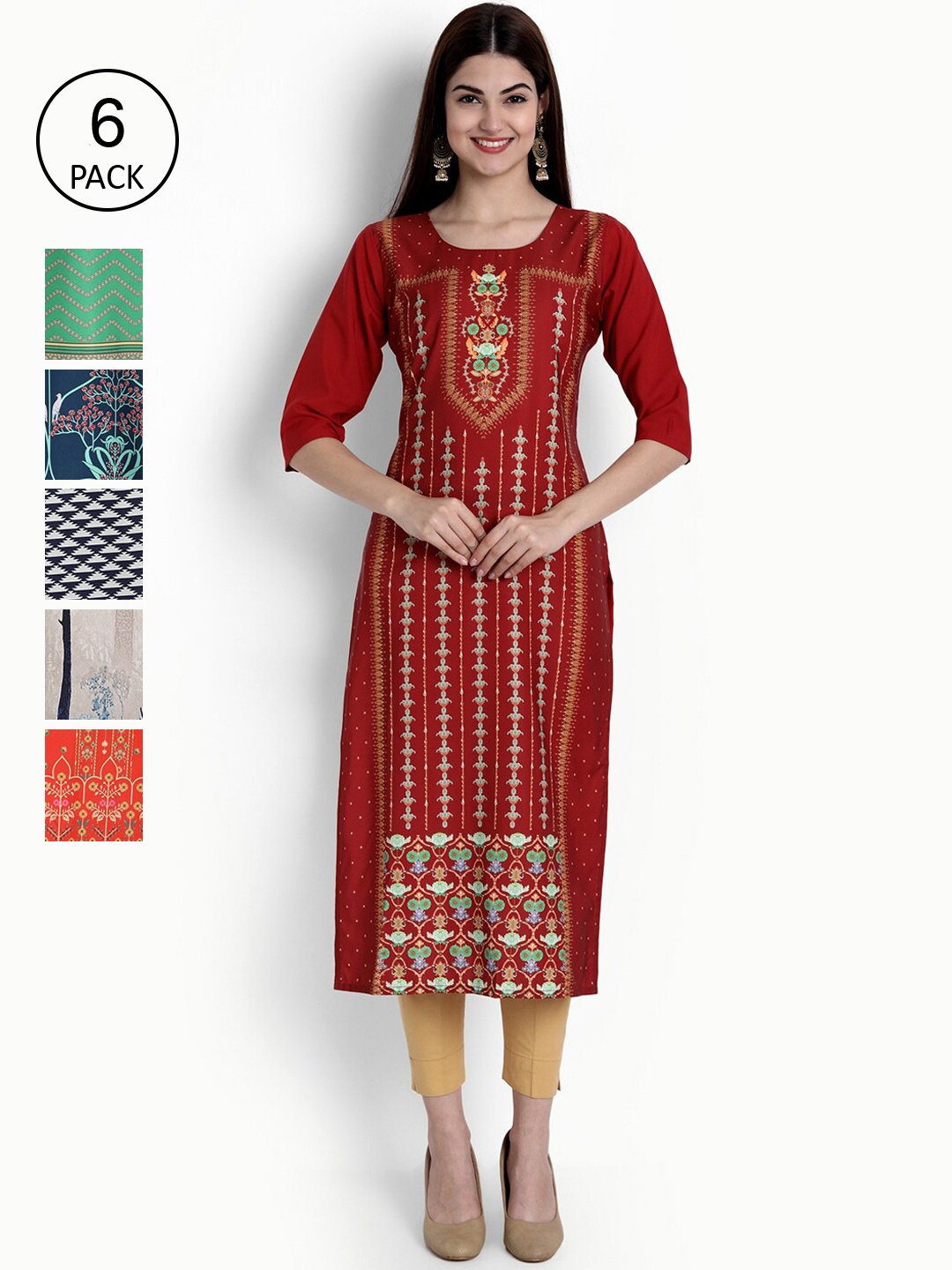 

Ethnic Basket Women Pack Of 6 Digital Print Straight Kurtas, Multi