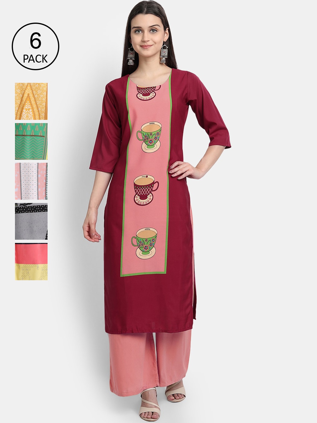 

Ethnic basket Women Pack Of 6 Straight Kurtas, Maroon
