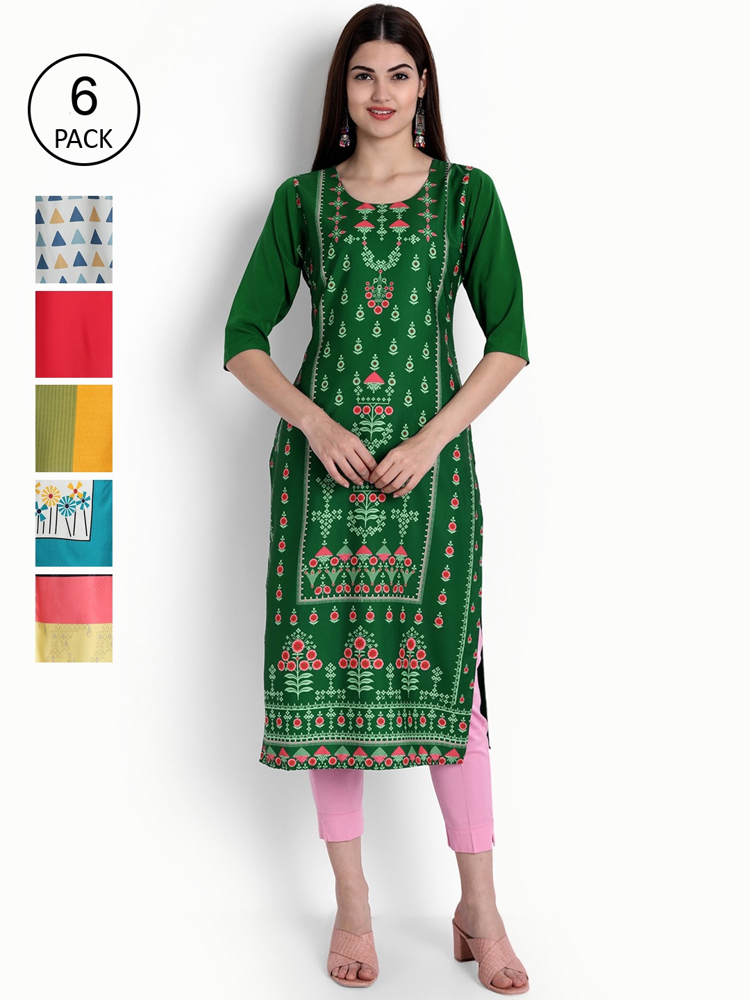 

Ethnic basket Women Pack Of 6 Straight Kurtas, Green