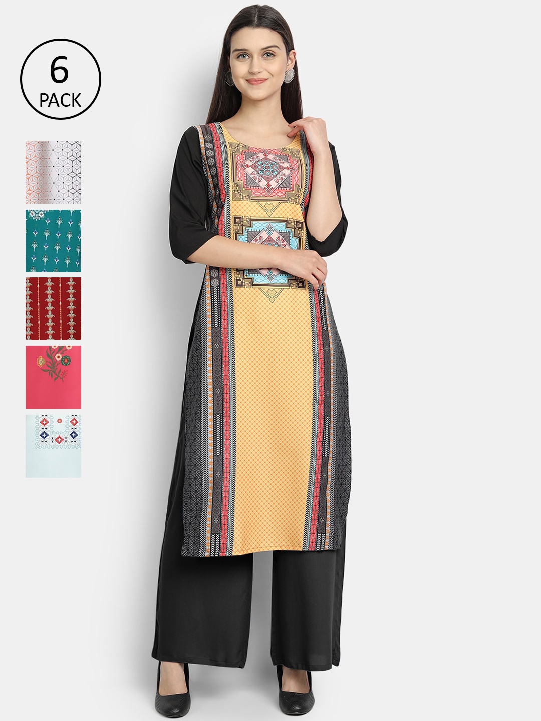 

Ethnic basket Women Pack Of 6 Digital Print Straight Kurtas, Multi
