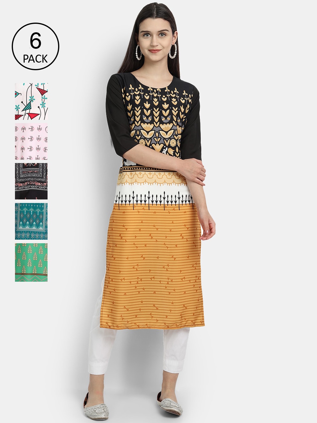 

Ethnic basket Women Multicoloured Pack Of 6 Ethnic Motifs Printed Crepe Kurta, Multi