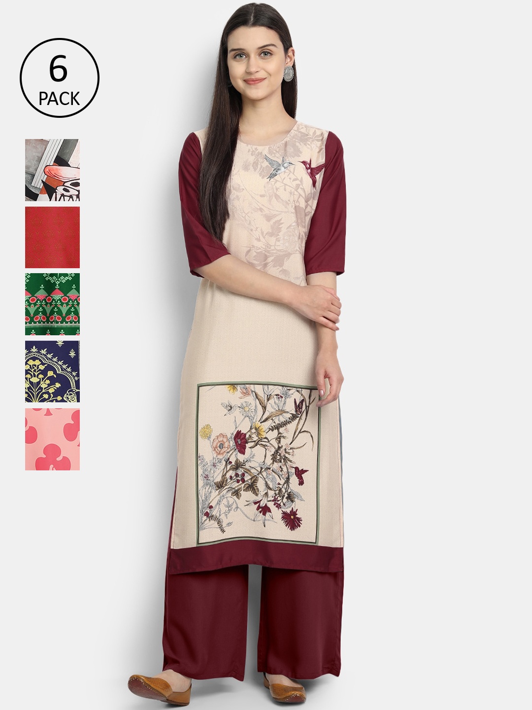 

Ethnic basket Women Pack Of 6 Multicoloured Ethnic Motifs Printed Crepe Kurta, Multi
