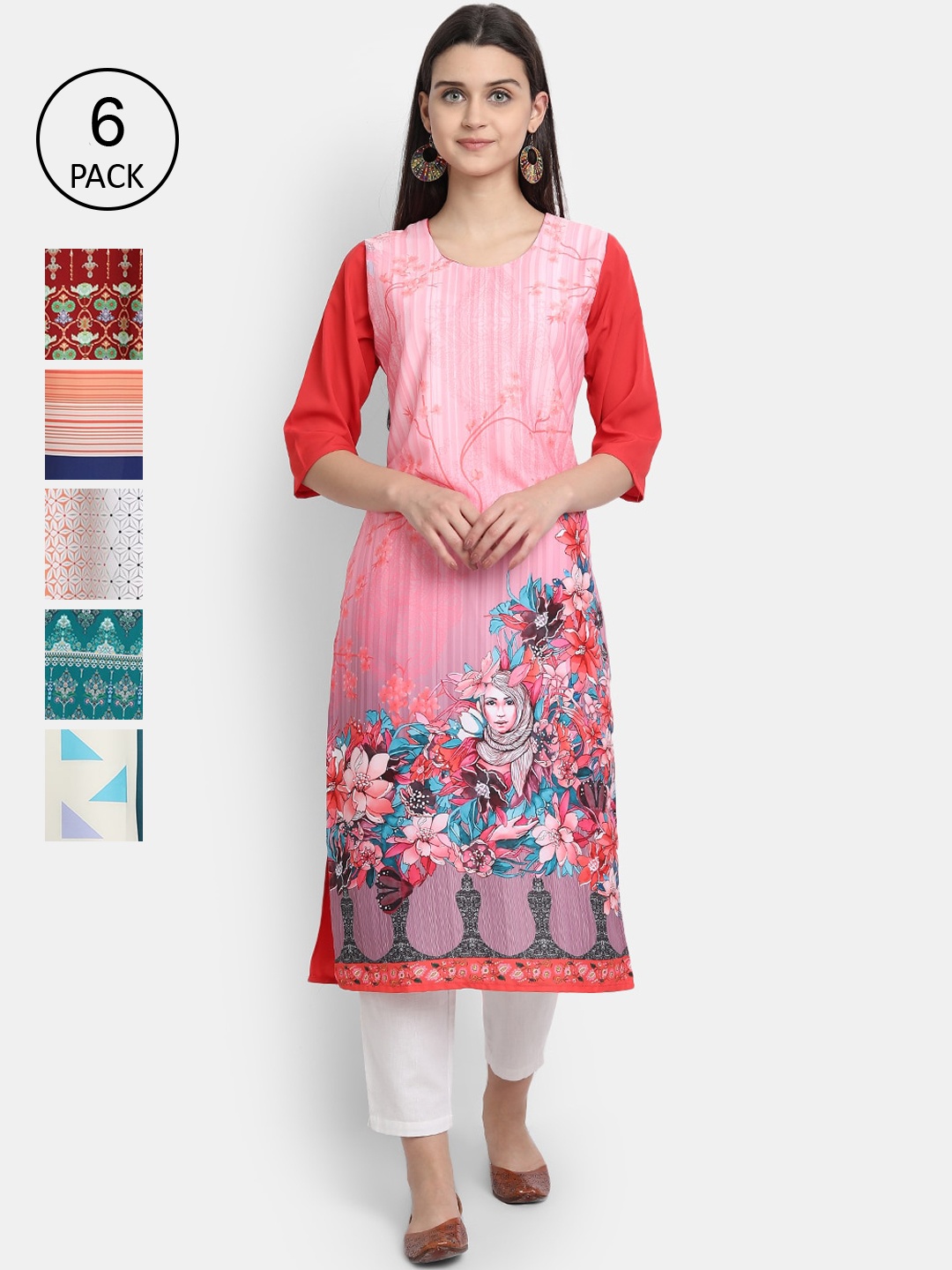 

Ethnic basket Pack Of 6 Floral Printed Crepe Kurta, Pink