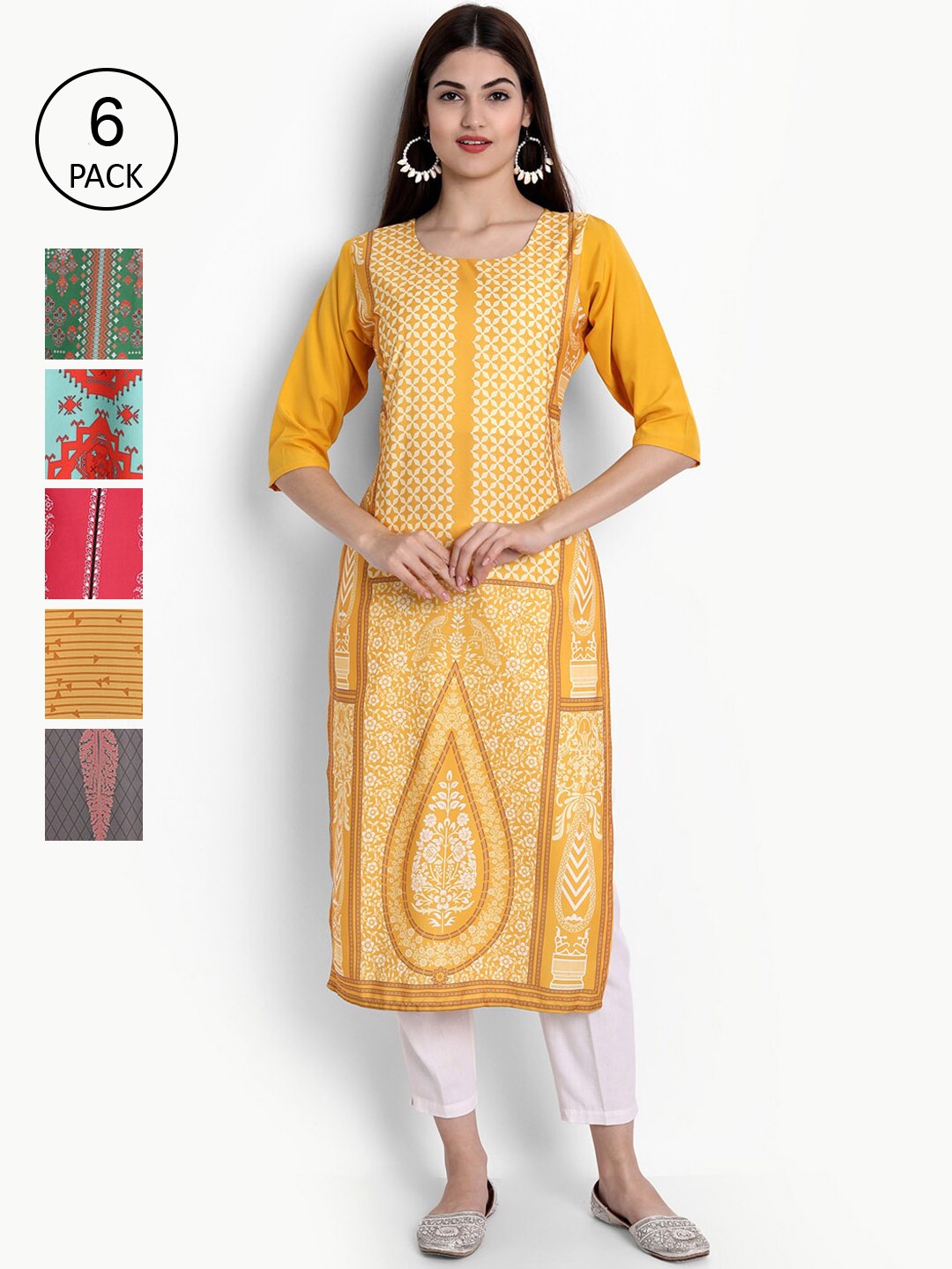 

Ethnic basket Women Pack of 6 Multicoloured Ethnic Motifs Printed Crepe Kurta, Multi