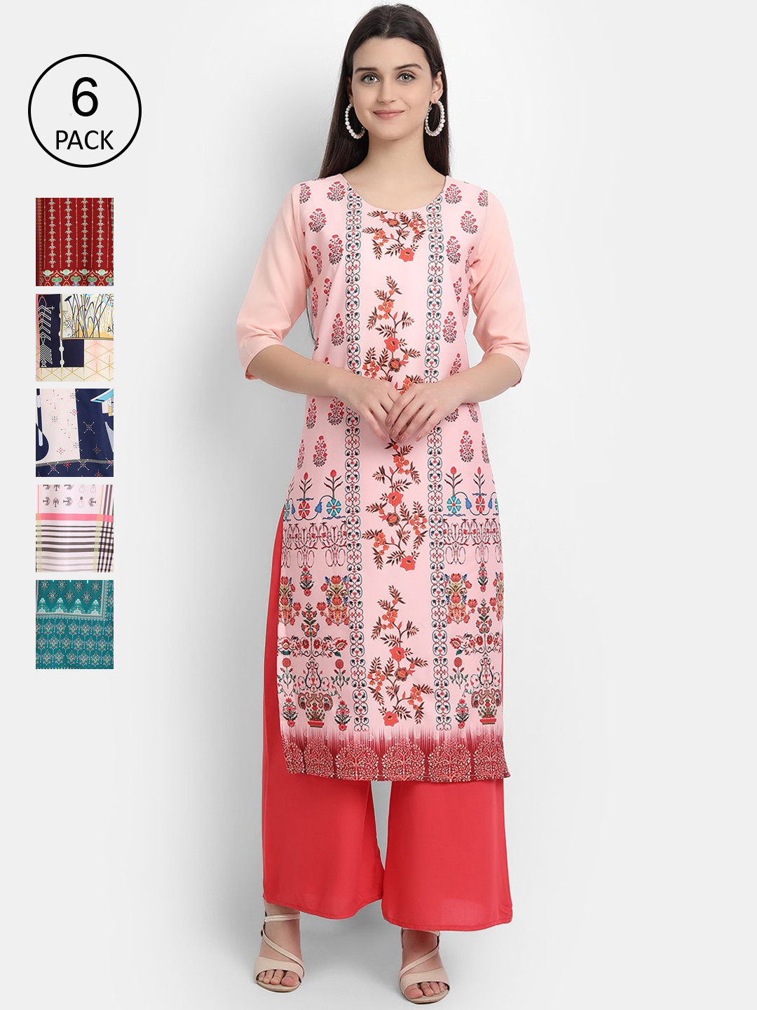 

Ethnic basket Women Pack of 6 Peach-Coloured & Maroon Digital Printed Crepe Kurtas
