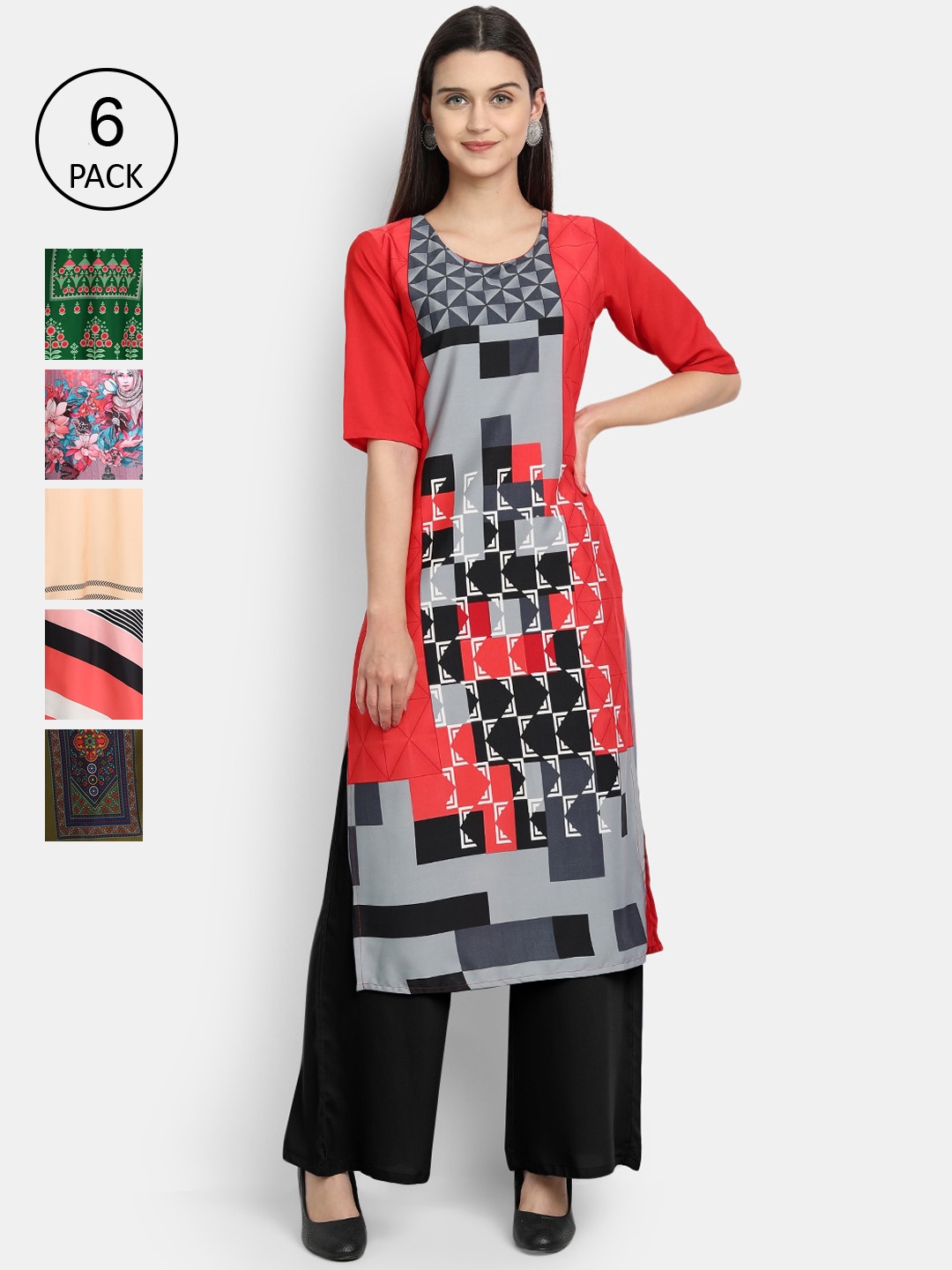 

Ethnic basket Women Red & Peach-Coloured Floral Printed Crepe Kurta Pack Of 6