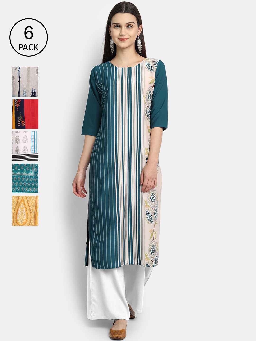 

Ethnic basket Women Pack Of 6 Digital Printed Crepe Kurta, White