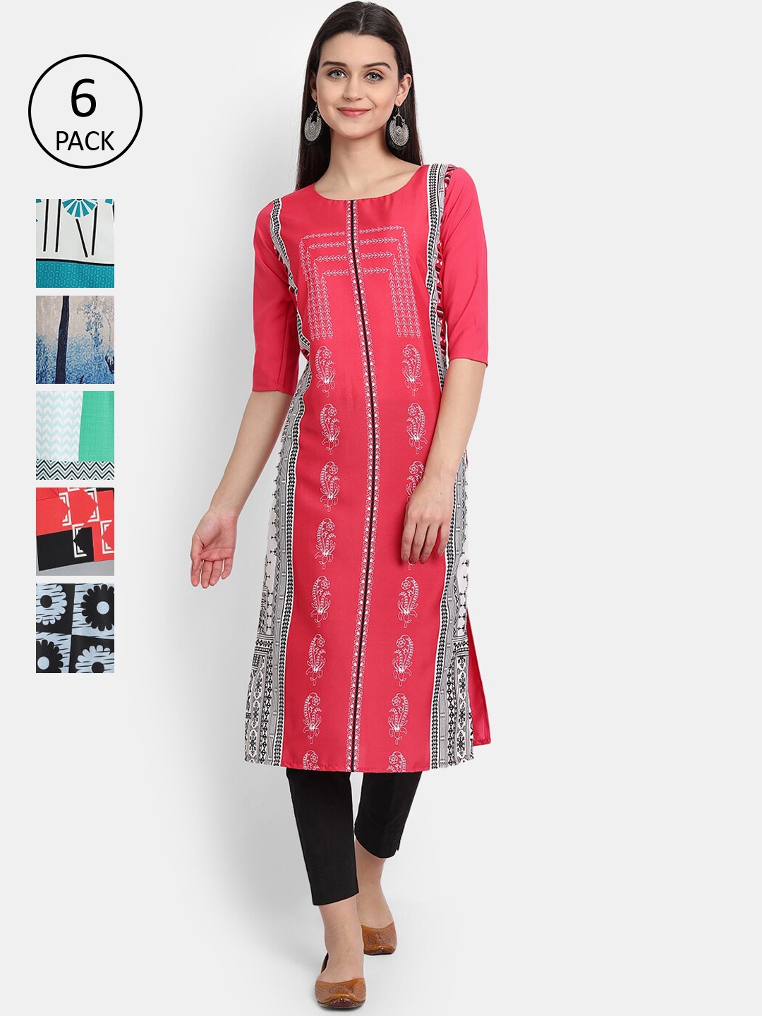 

Ethnic basket Women Multicoloured Pack Of 6 Ethnic Motifs Printed Kurta, Multi