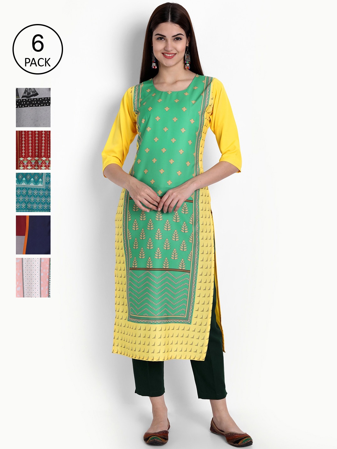 

Ethnic basket Women Pack Of 6 Digital Print Straight Kurtas, Multi