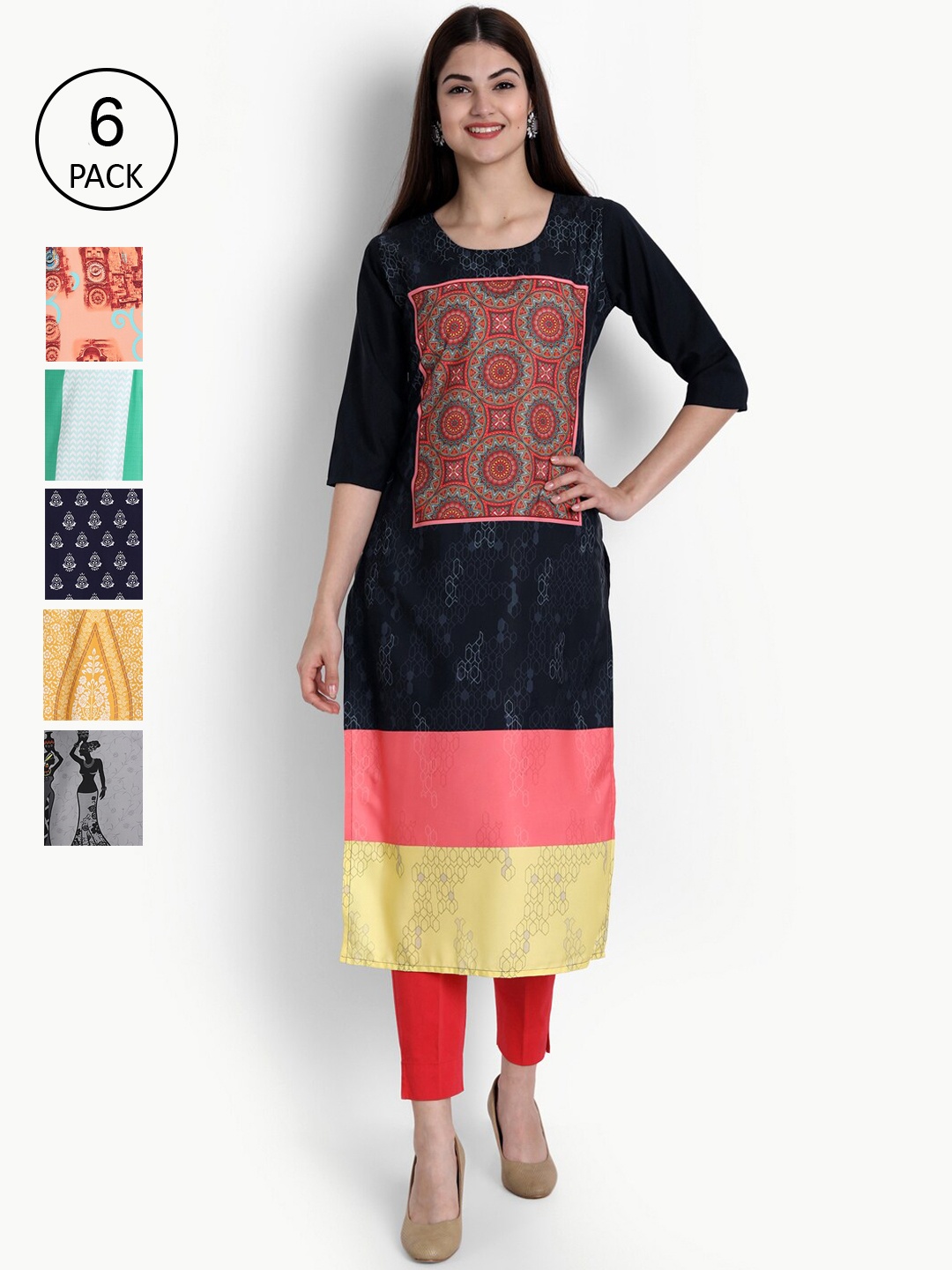 

Ethnic basket Women Multicoloured Pack Of 6 Floral Printed Crepe Kurta, Multi