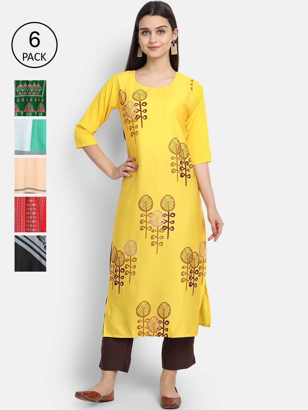 

Ethnic basket Women Pack Of 6 Digital Print Straight Kurtas, Multi