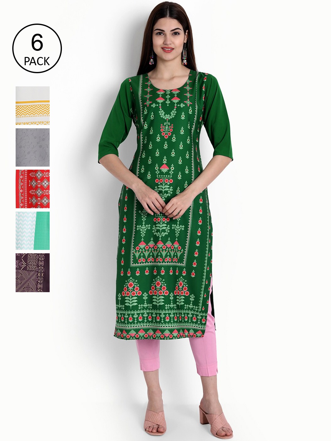 

Ethnic basket Women Pack of 6 Multicoloured Floral Printed Crepe Kurta, Multi