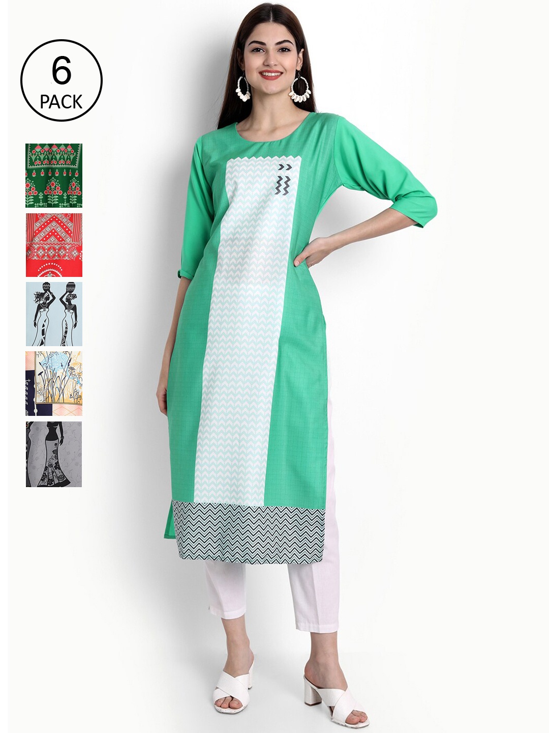 

Ethnic basket Women Multicoloured Pack of 6 Printed Crepe Kurta, Multi