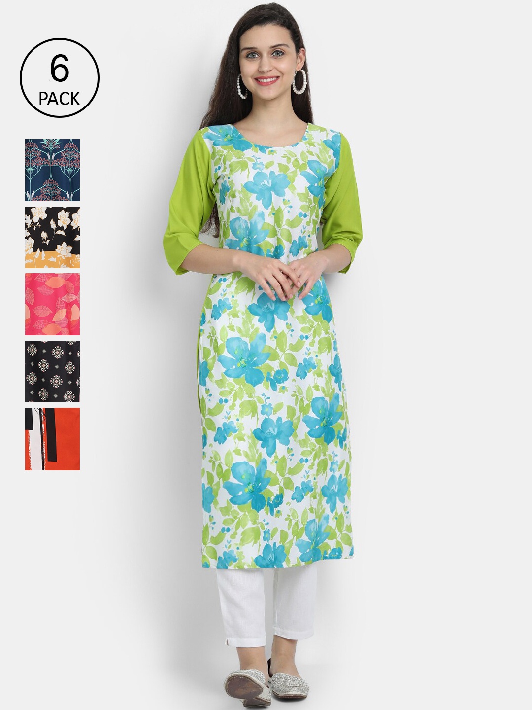 

Ethnic basket Women Pack of 6 Multicoloured Floral Printed Crepe Kurta, Multi