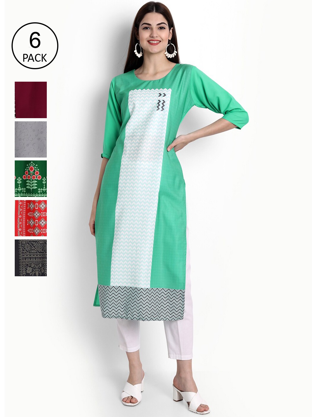 

Ethnic basket Women Multicoloured Pack Of 6 Ethnic Motifs Printed Kurta, Multi