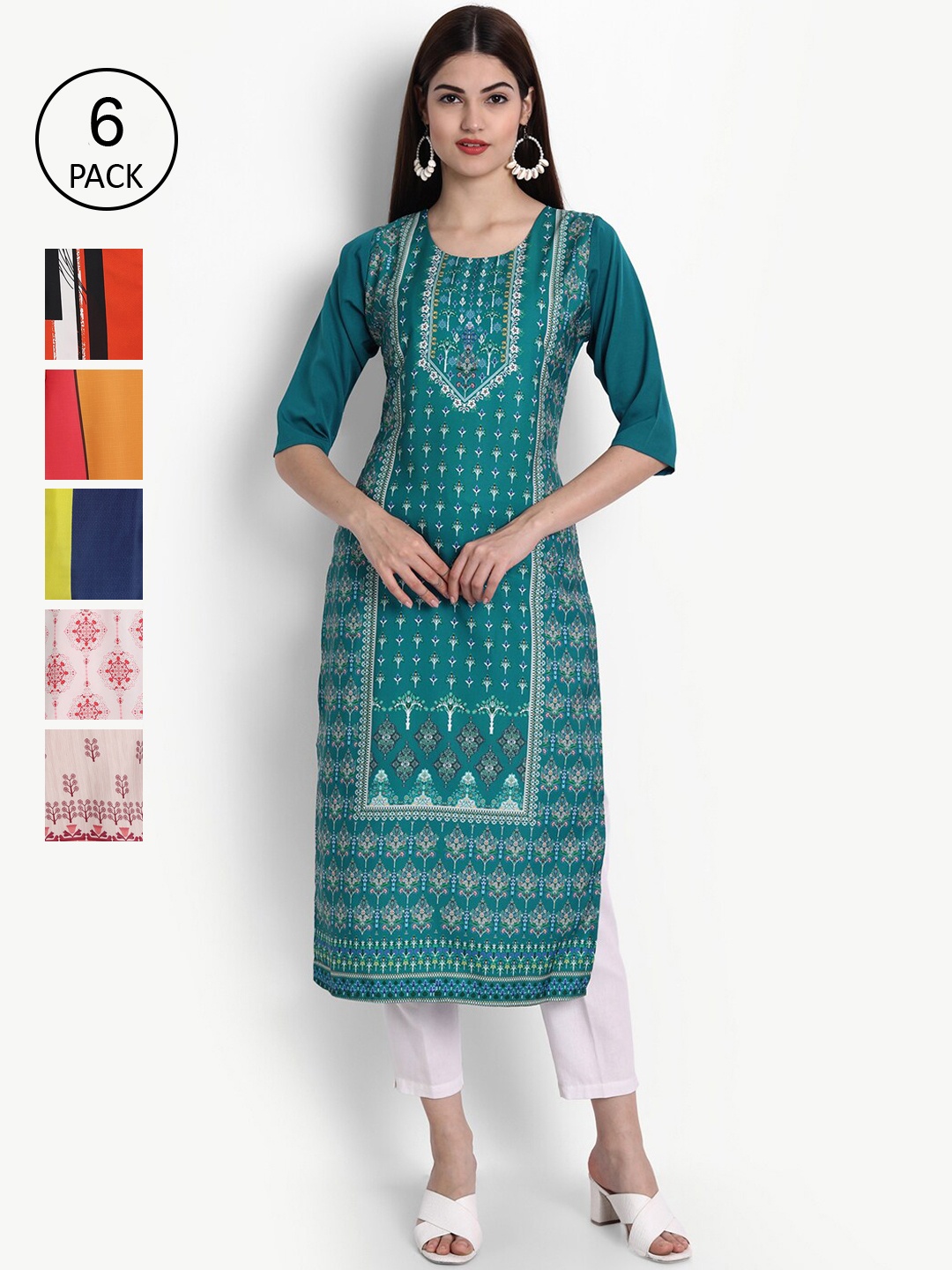 

Ethnic basket Women Pack of 6 Multicoloured Ethnic Motifs Printed Crepe Kurta, Multi