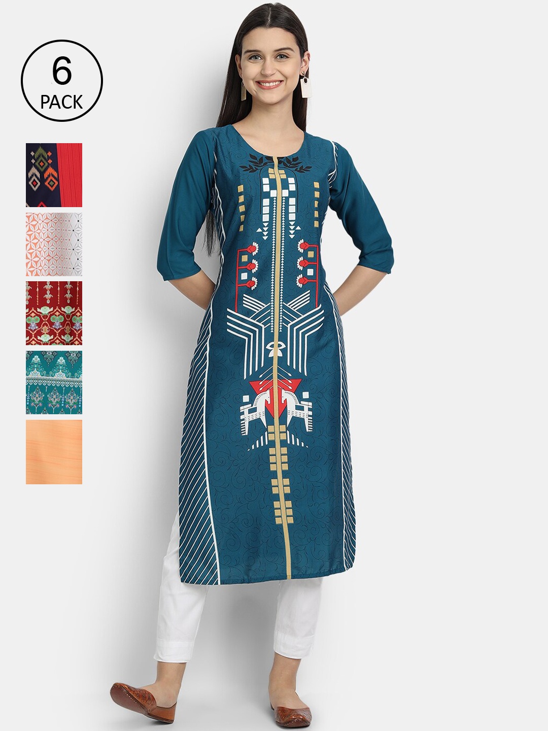 

Ethnic basket Women Pack of 6 Multicoloured Ethnic Motifs Printed Crepe Kurta, Multi