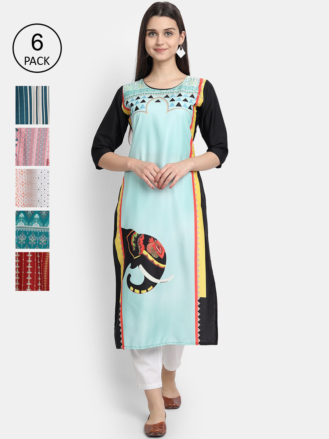 

Ethnic basket Women Pack of 6 Multicoloured Floral Printed Crepe Kurta, Multi