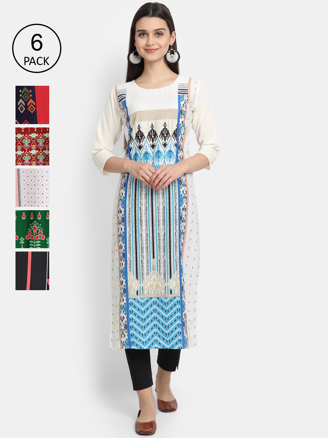 

Ethnic basket Women Pack Of 6 Multicoloured Ethnic Motifs Printed Crepe Kurta, Multi