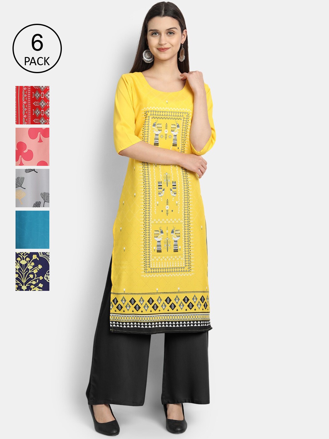 

Ethnic Basket Women Pack Of 6 Digital Print Straight Kurtas, Multi