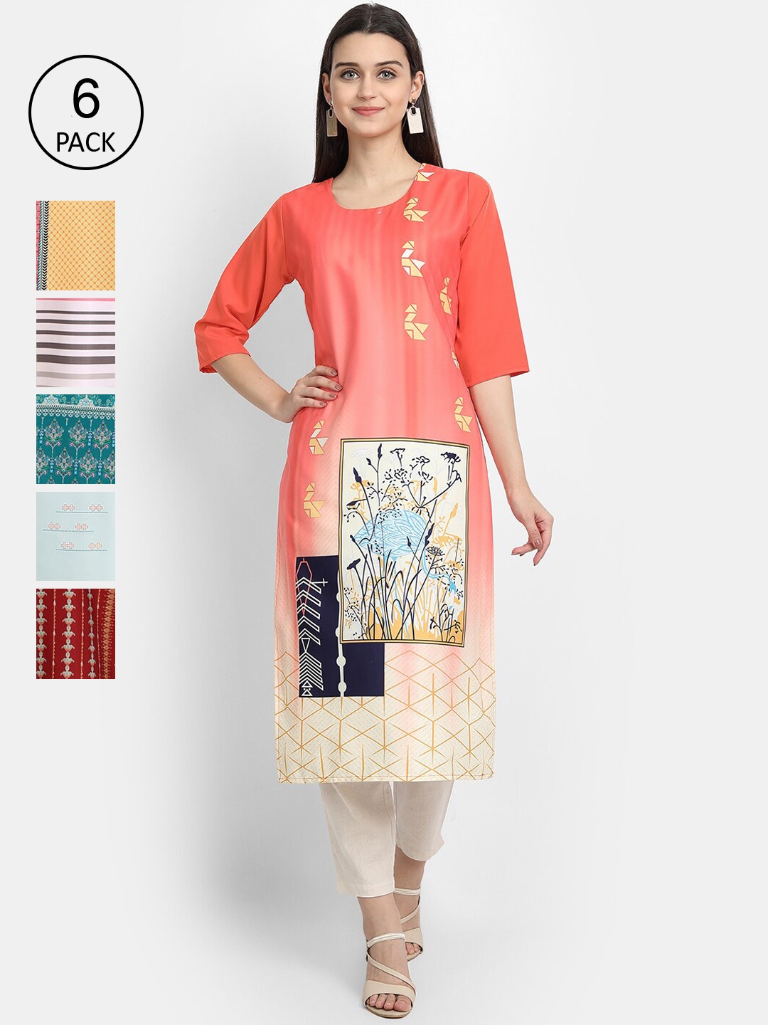 

Ethnic basket Women Pack of 6 Multicoloured Floral Printed Crepe Kurta, Multi