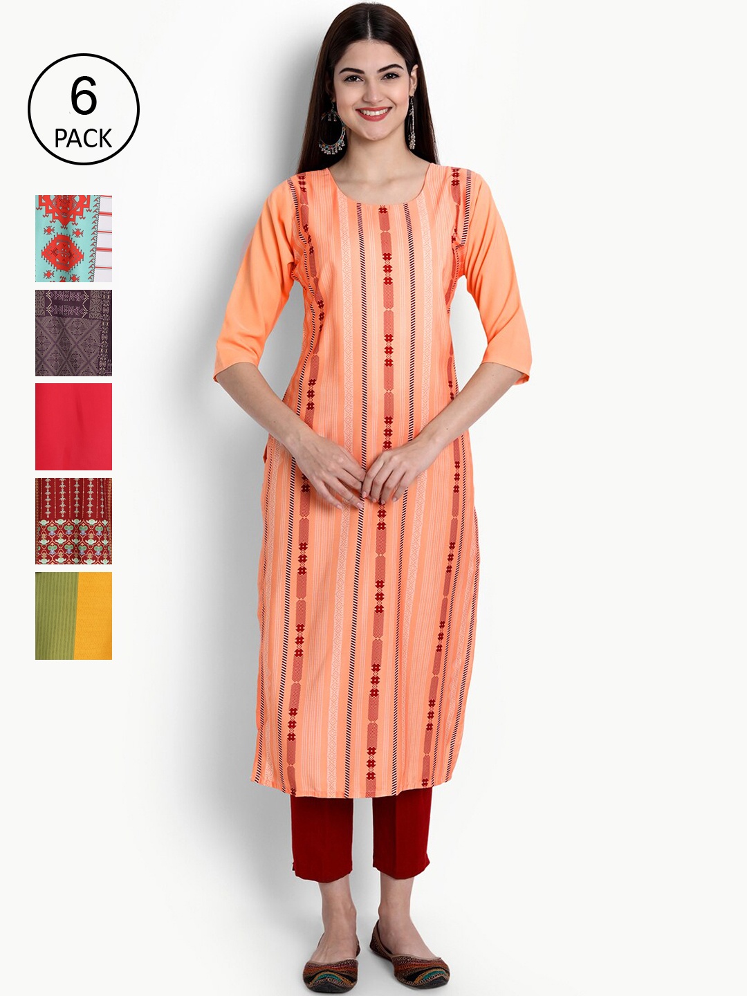 

Ethnic basket Women Pack Of 6 Straight Kurtas, Red