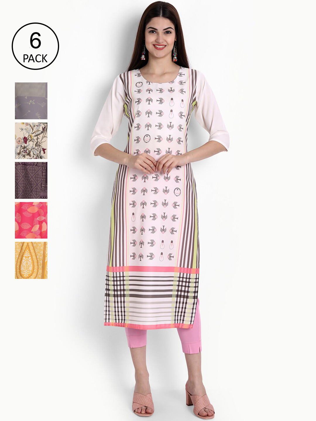 

Ethnic basket Women Pack Of 6 Multicoloured Ethnic Motifs Printed Crepe Kurta, Multi