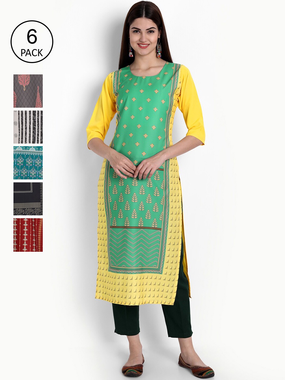 

Ethnic basket Women Pack Of 6 Straight Kurtas, Green