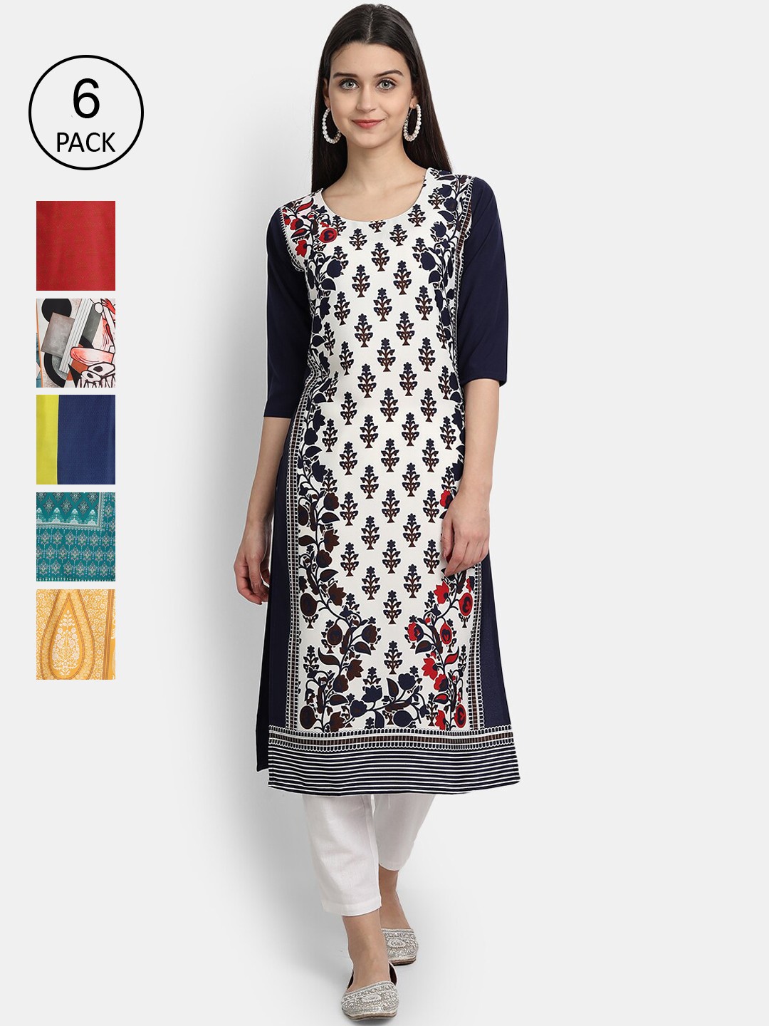 

Ethnic basket Women Multicoloured Set of 6 Ethnic Motifs Printed Crepe Kurta, Multi