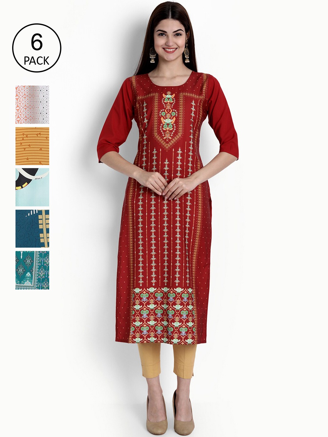 

Ethnic basket Women Multicoloured Set of 6 Ethnic Motifs Printed Crepe Kurta, Multi