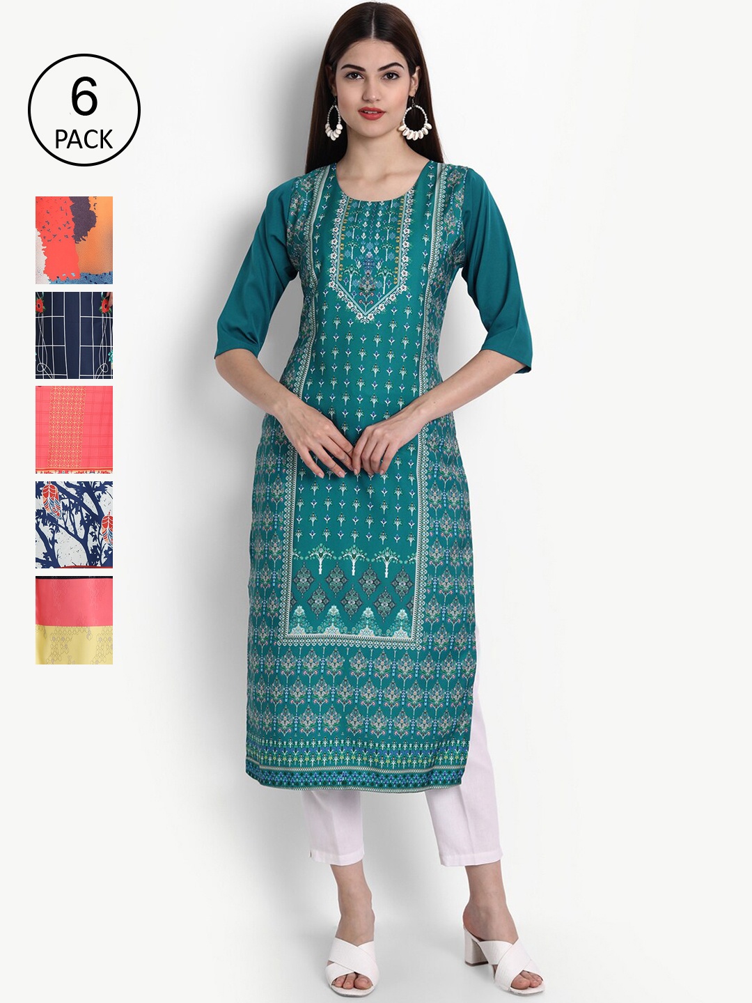 

Ethnic basket Women Pack Of 6 Digital Printed Crepe Kurta, Blue