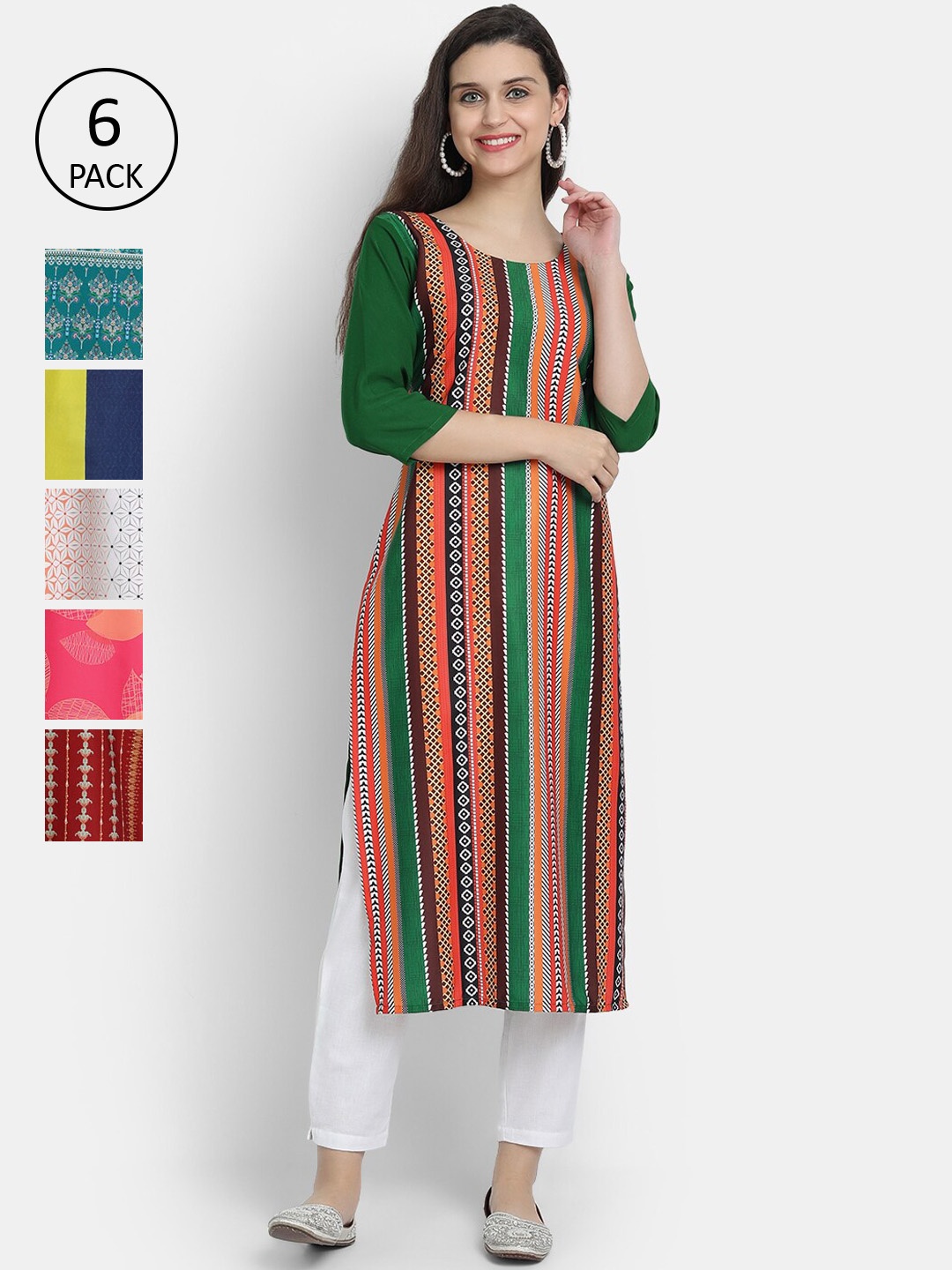 

Ethnic basket Women Pack Of 6 Green & Orange Digital Printed Crepe Kurtas