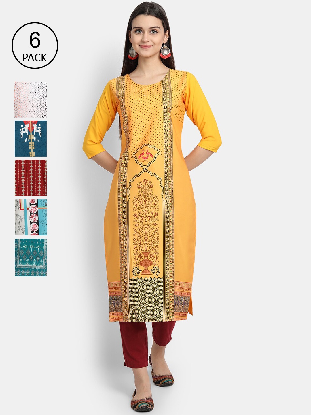 

Ethnic basket Women Pack of 6 Crepe Kurta, Mustard