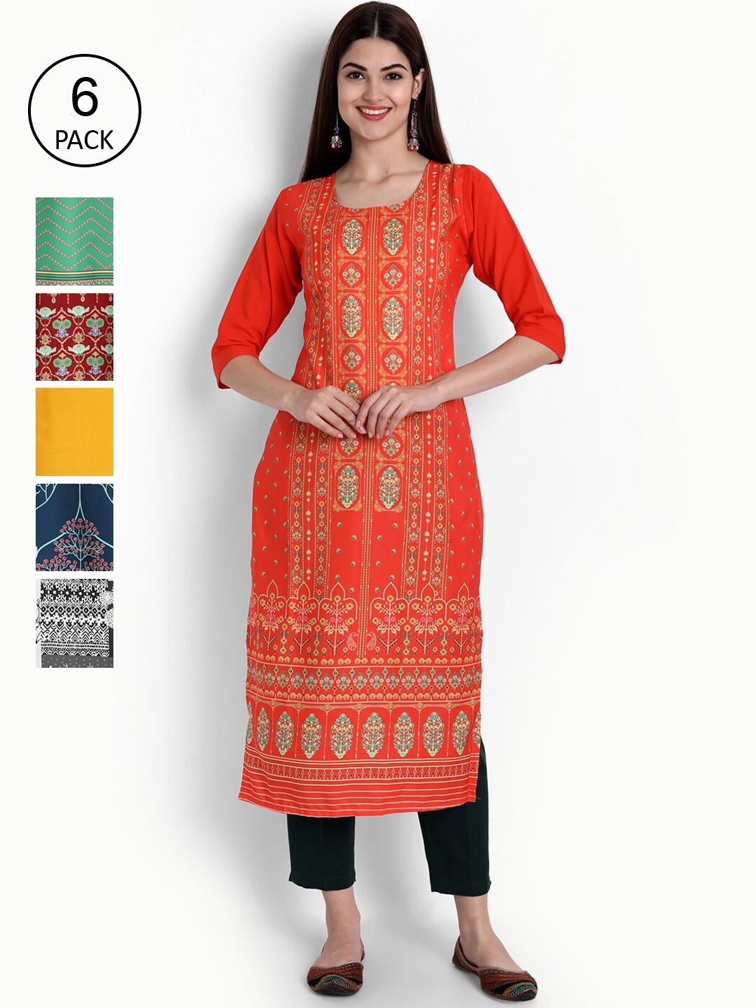 

Ethnic Basket Women Pack Of 6 Digital Print Straight Kurtas, Multi