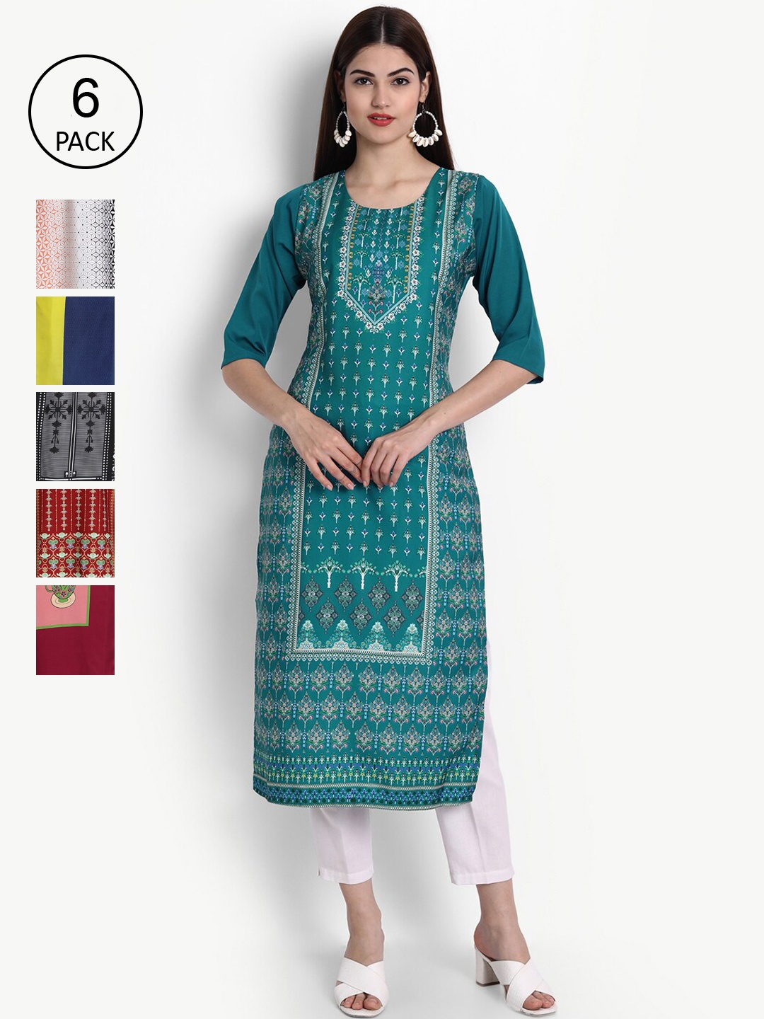 

Ethnic basket Women Green & White Geometric Printed Crepe Kurta Pack Of 6