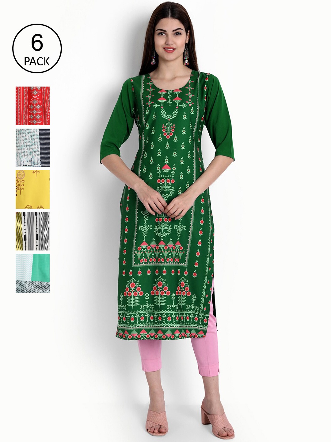 

Ethnic basket Women Pack Of 6 Straight Kurtas, Green