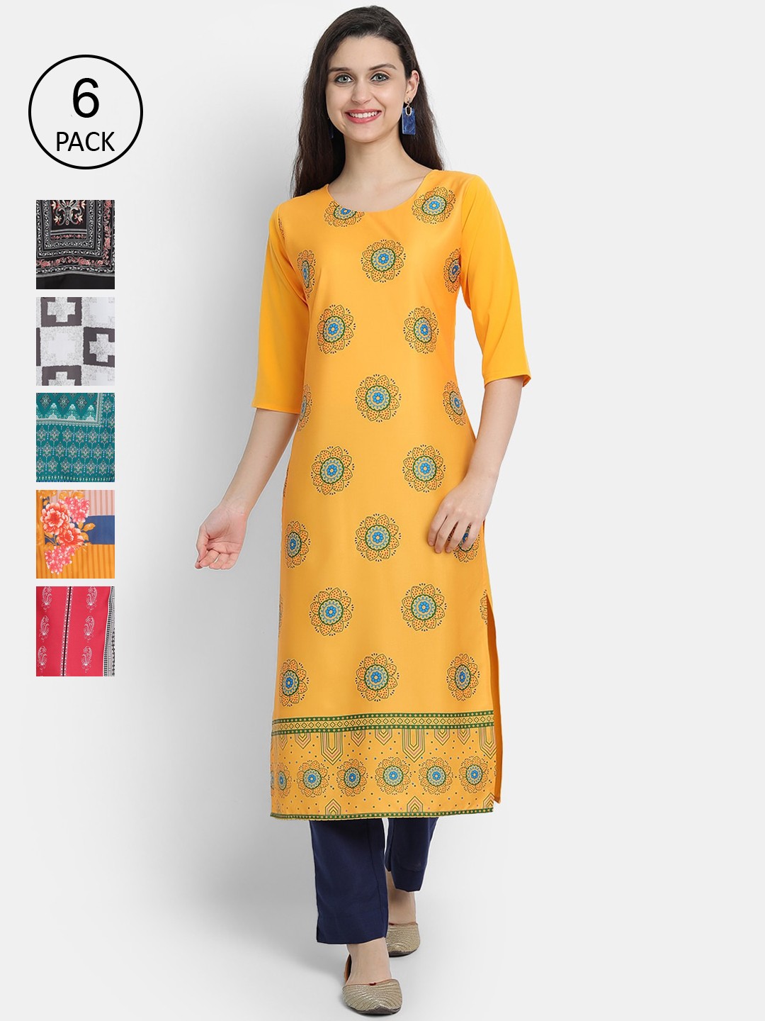 

Ethnic basket Women Pack of 6 Multicoloured Ethnic Motifs Printed Crepe Kurta, Multi