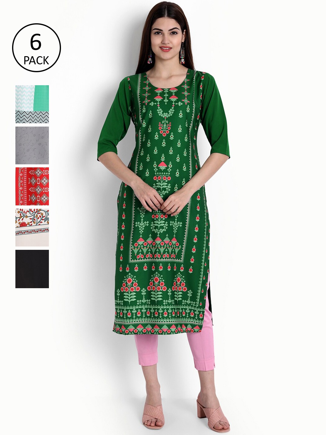 

Ethnic basket Women Pack of 6 Ethnic Motifs Printed Crepe Kurta, Red