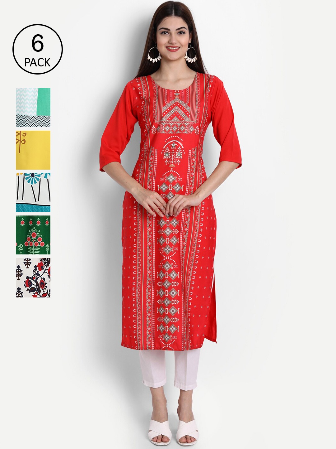 

Ethnic basket Women Pack of 6 Digital Printed Straight Kurtas, Red