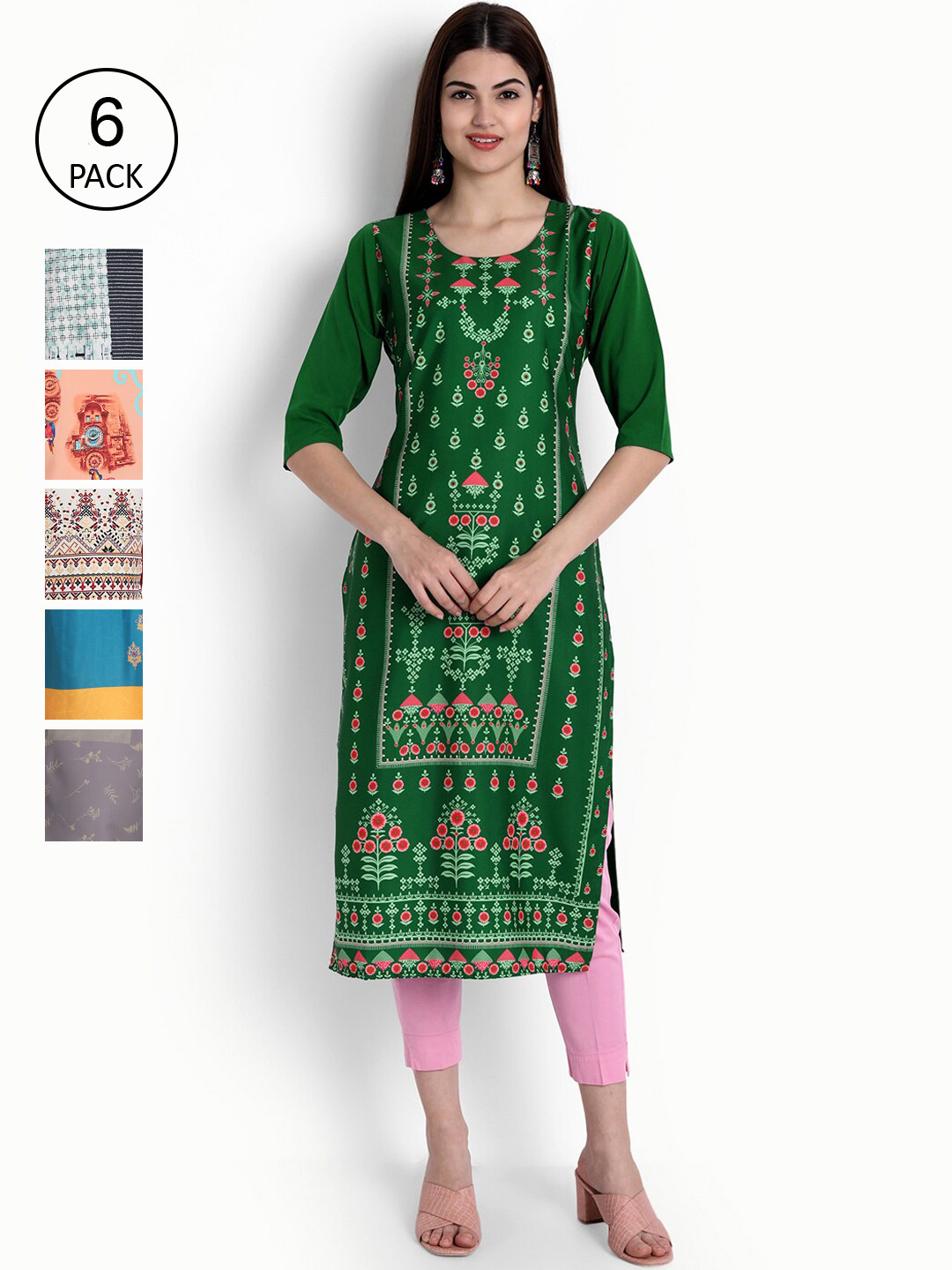 

Ethnic basket Women Pack Of 6 Straight Kurtas, Green