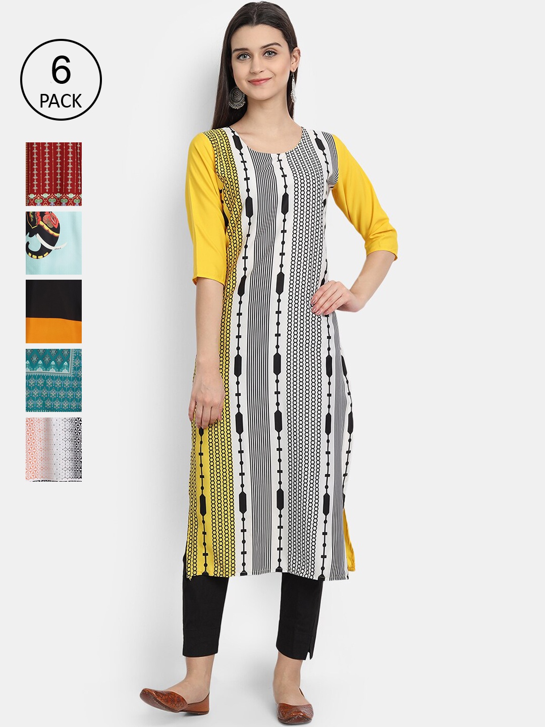 

Ethnic basket Women Pack Of 6 Digital Printed Crepe Kurta, White