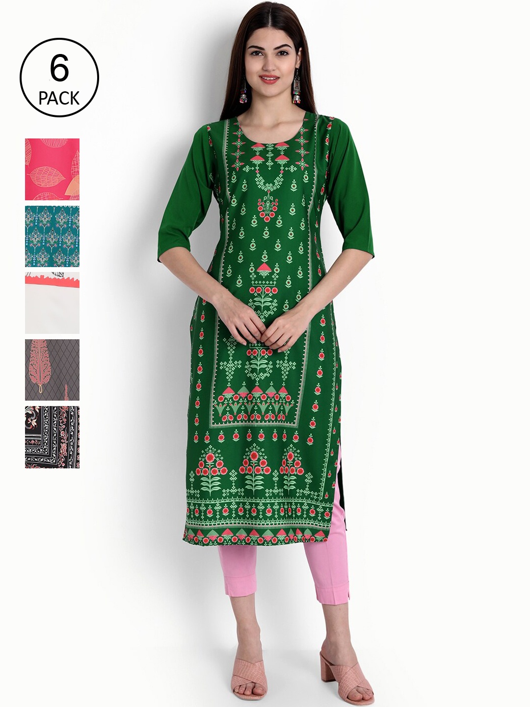 

Ethnic basket Women Pack Of 6 Straight Kurtas, Green