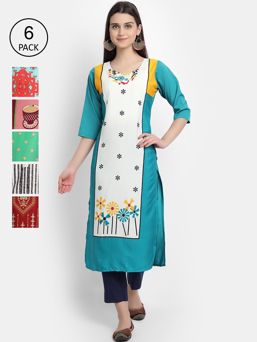 

Ethnic Basket Women Pack Of 6 Digital Print Straight Kurtas, Multi