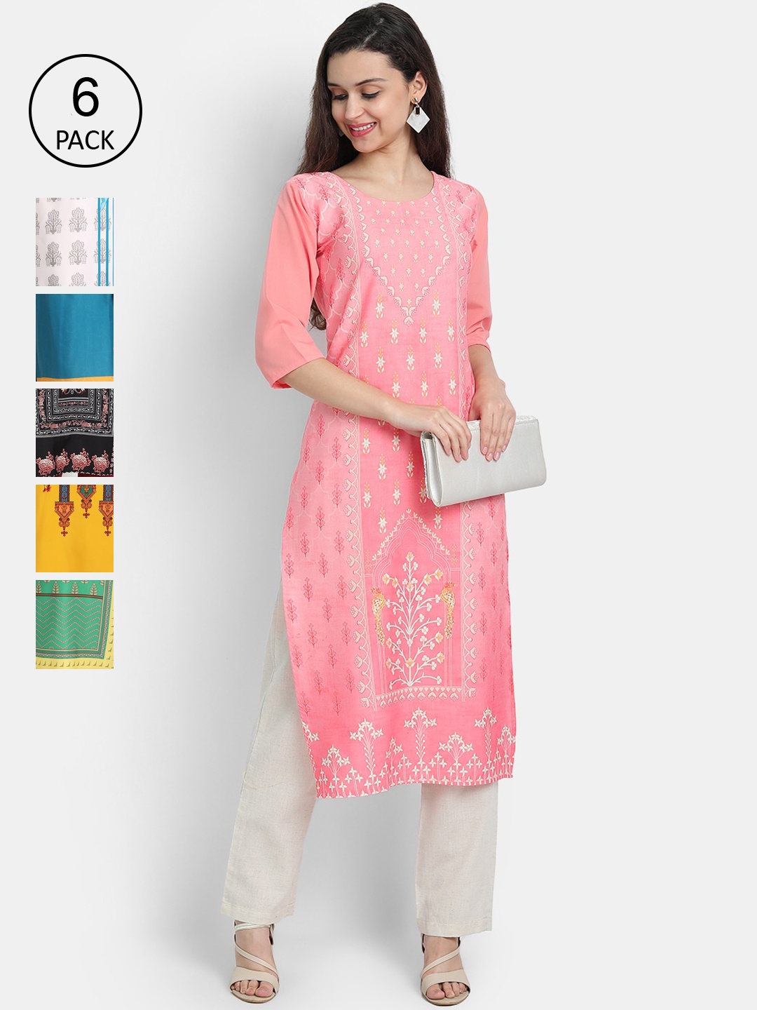 

Ethnic basket Women Pack Of 6 Multicoloured Ethnic Motifs Crepe Kurta, Multi