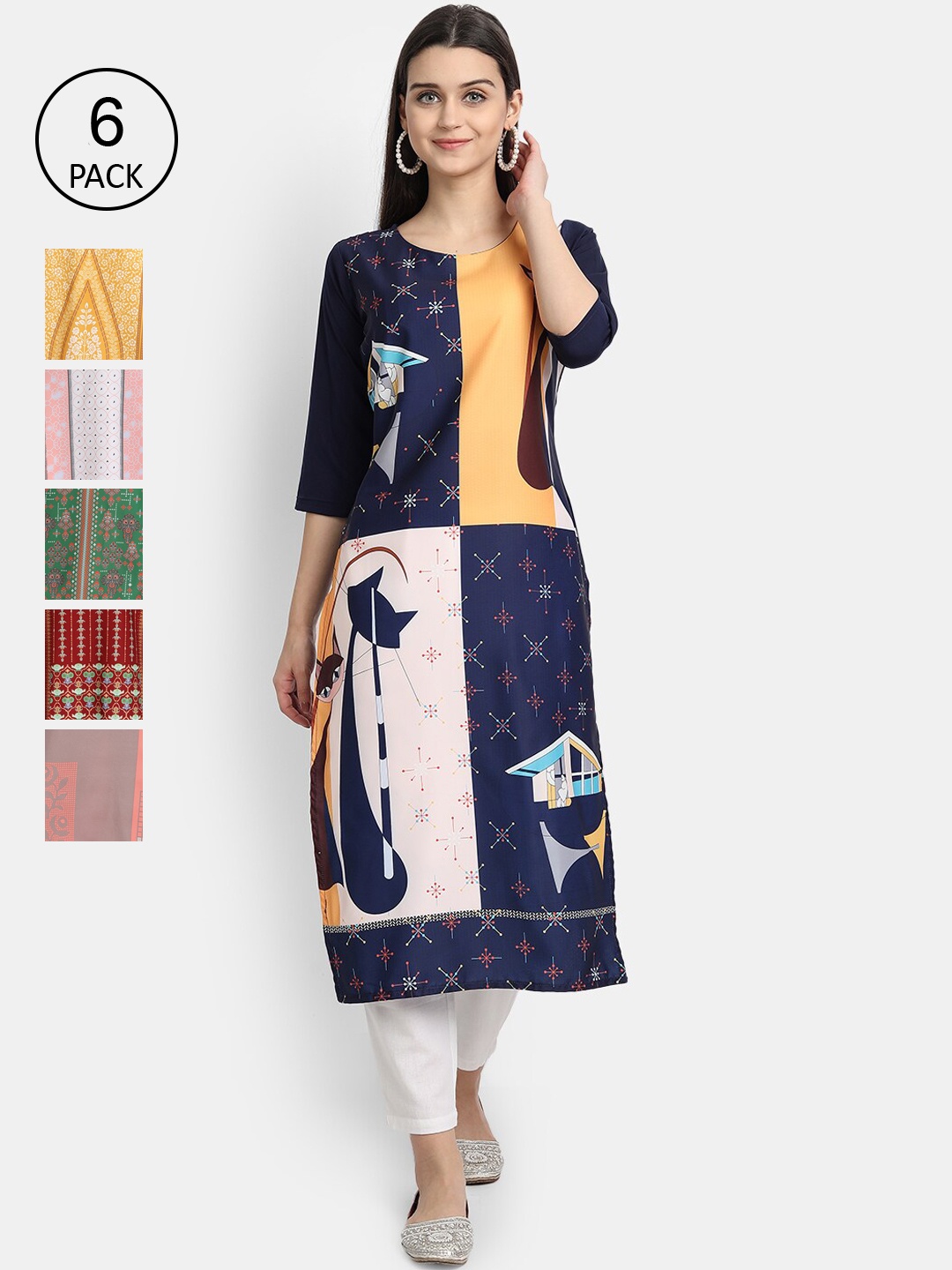 

Ethnic basket Women Pack of 6 Digital Printed Straight Kurtas, Blue