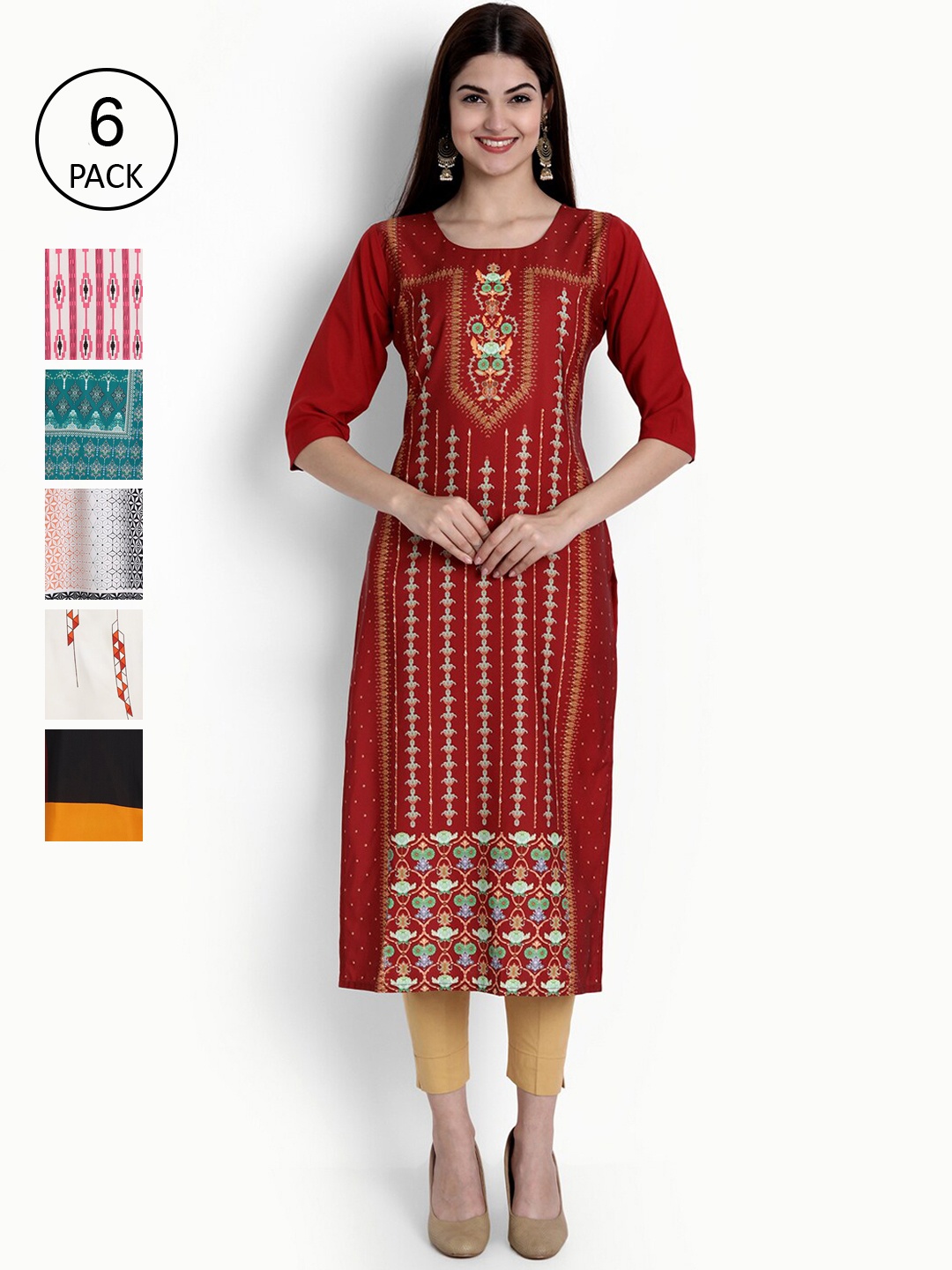 

Ethnic basket Women Pack Of 6 Multicoloured Ethnic Motifs Printed Crepe Kurta, Multi