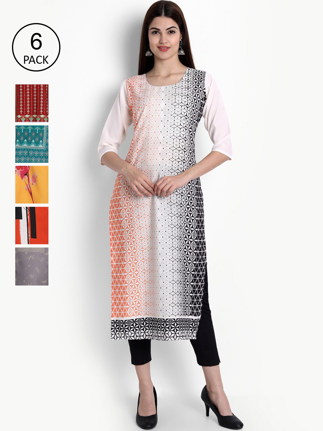 

Ethnic basket Women Pack of 6 White & Yellow Digital Printed Crepe Kurtas